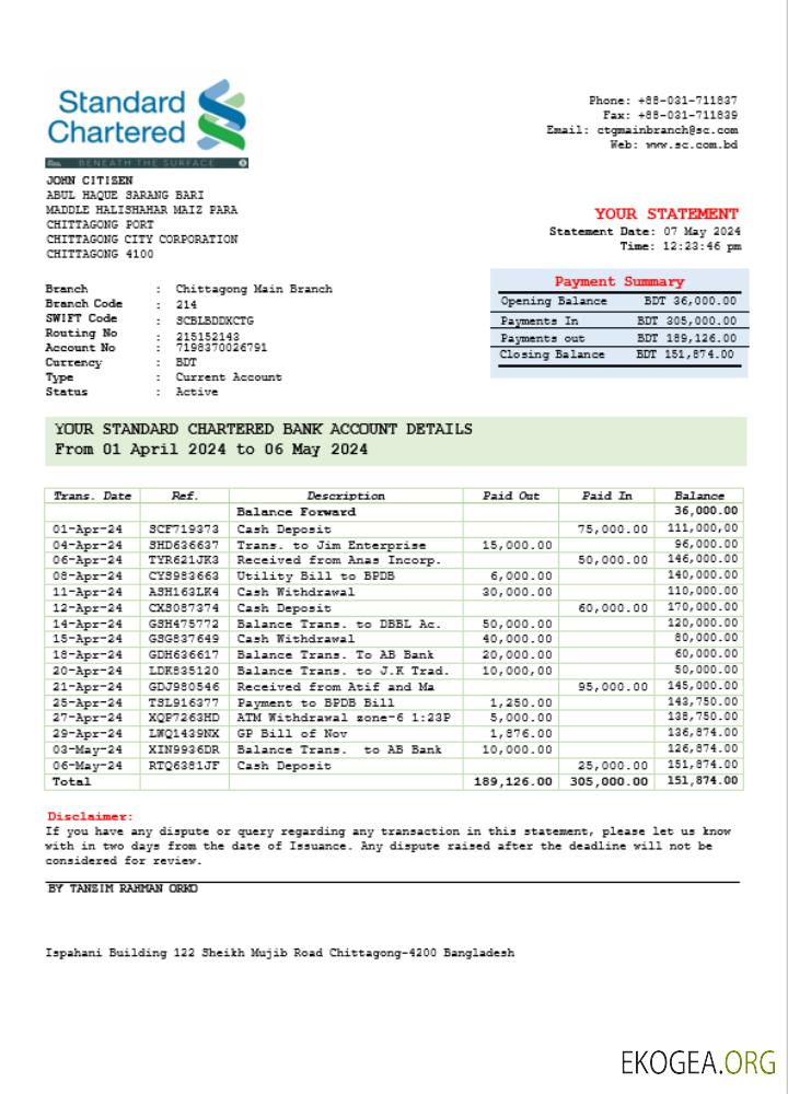 Modèle Word et PDF de relevé bancaire India Standard Chartered, version 2